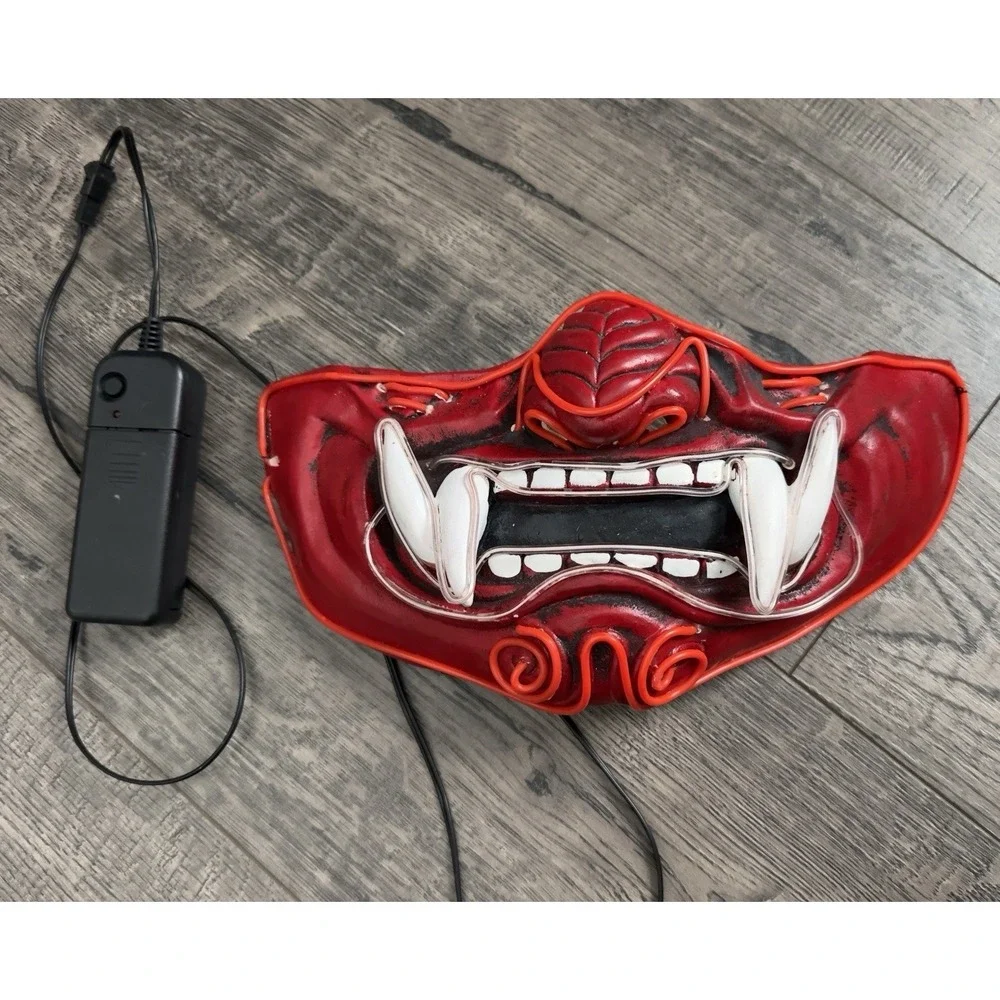 LED Light Up Japanese Oni Samurai Mask Red Hannya Mempo Half Face Cosplay‎