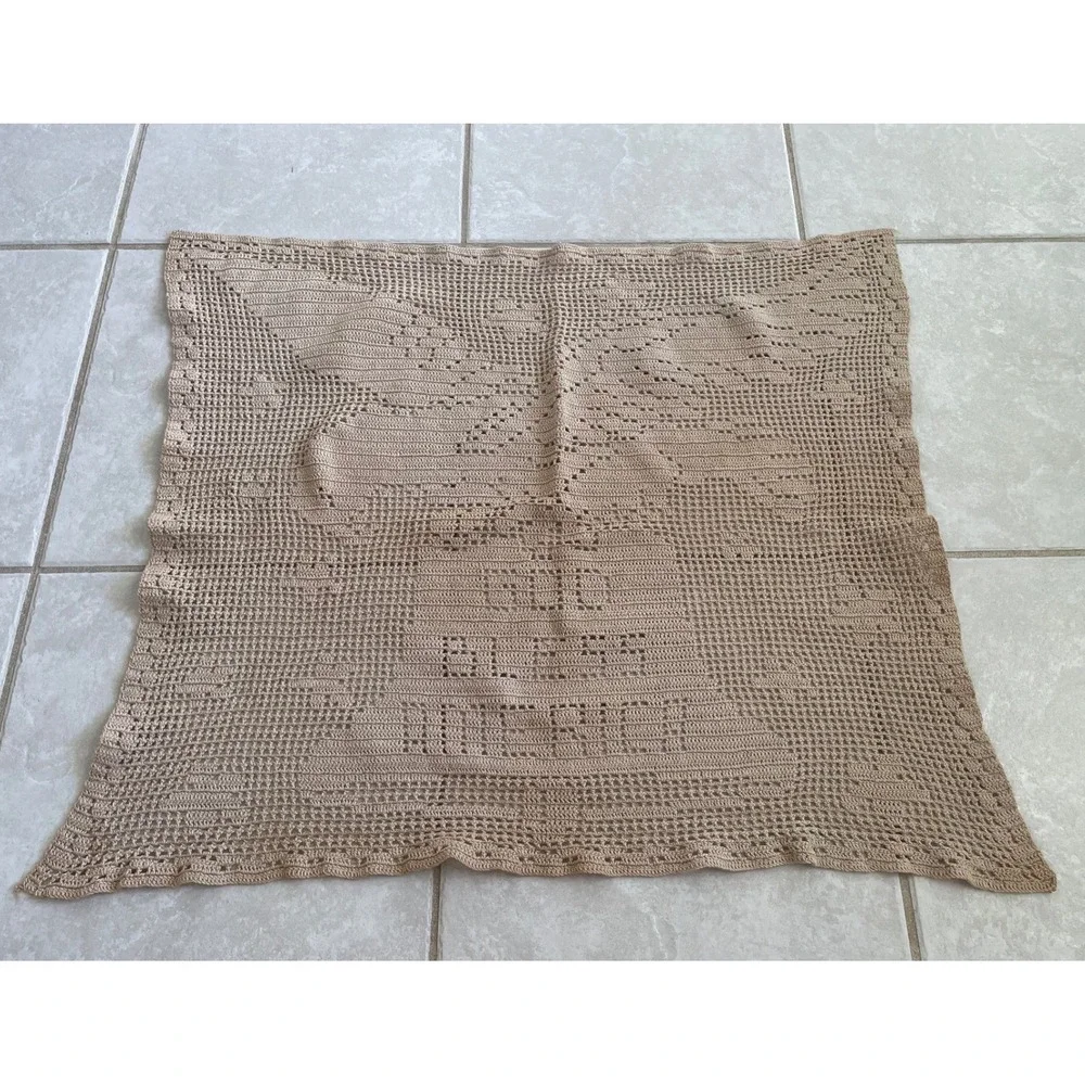 Vintage God Bless America Filet Crochet Wall Hanging Eagle Patriotic Beige 26x22