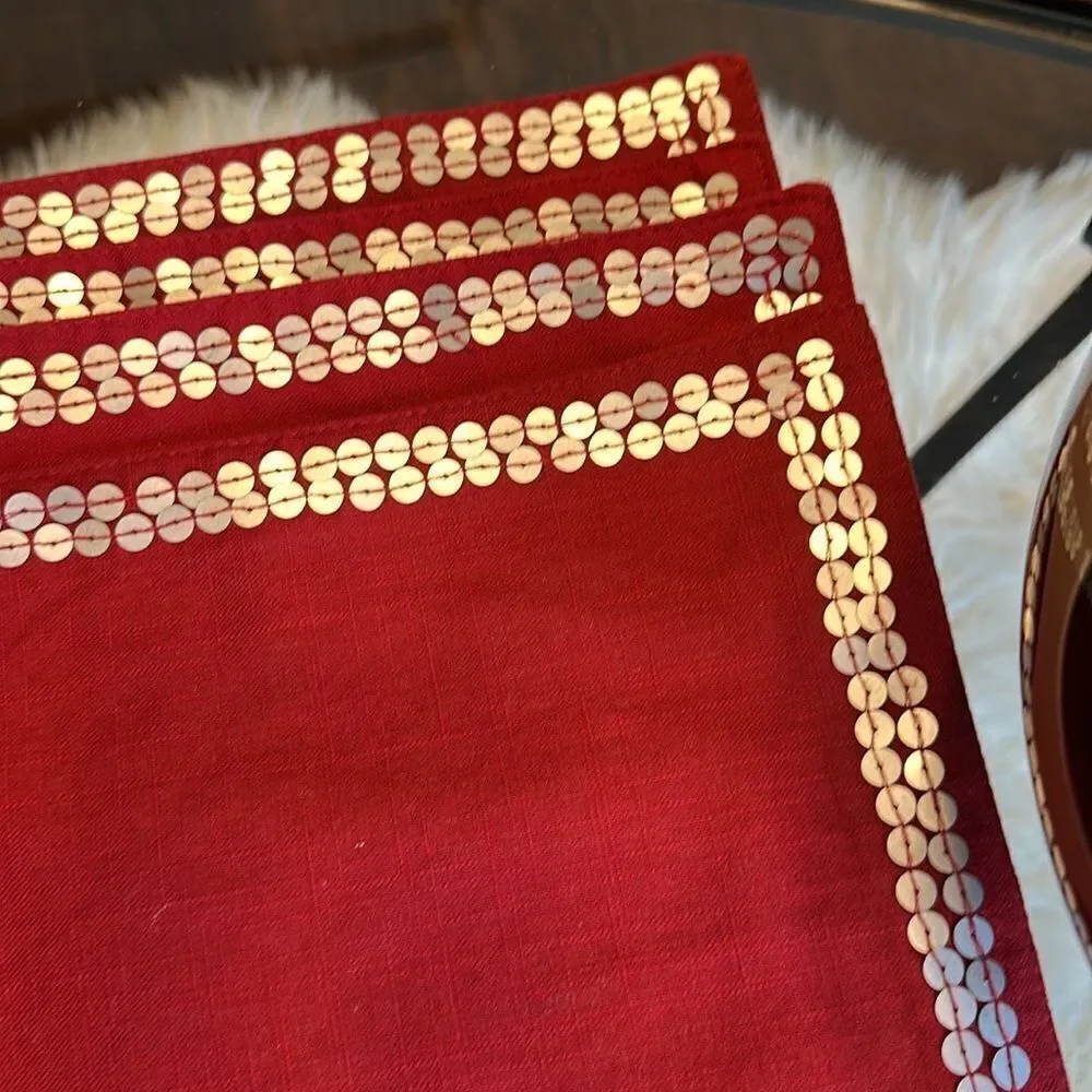 Pier 1 Red Sequined Trim Cloth Placemats 4