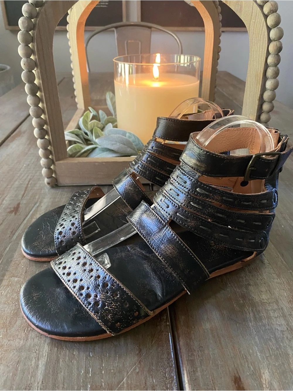BED|STU Artemis Distressed Leather‎ Boho Gladiator Sandals Buckle Womens 8 Black