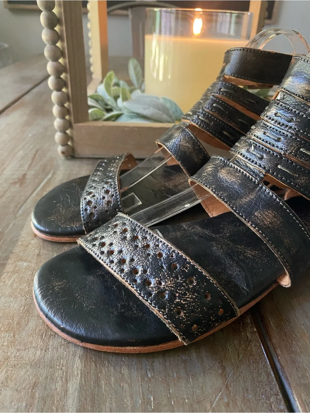 BED|STU Artemis Distressed Leather‎ Boho Gladiator Sandals Buckle Womens 8 Black