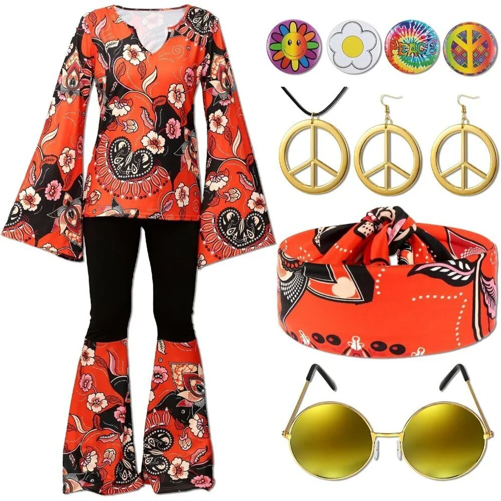 60s 70s Hippie Costume Set for Women Boho Retro Style Accessories Party