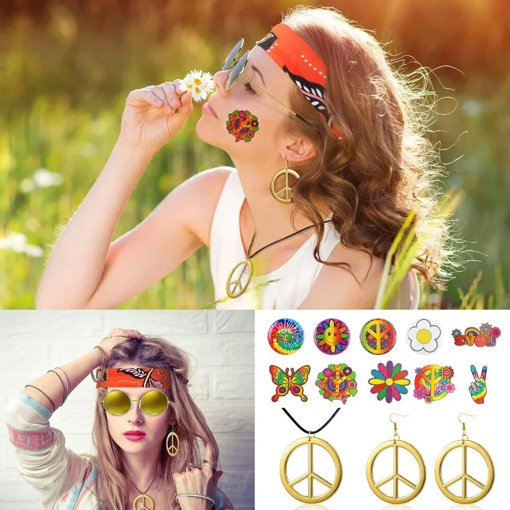 60s 70s Hippie Costume Set for Women Boho Retro Style Accessories Party
