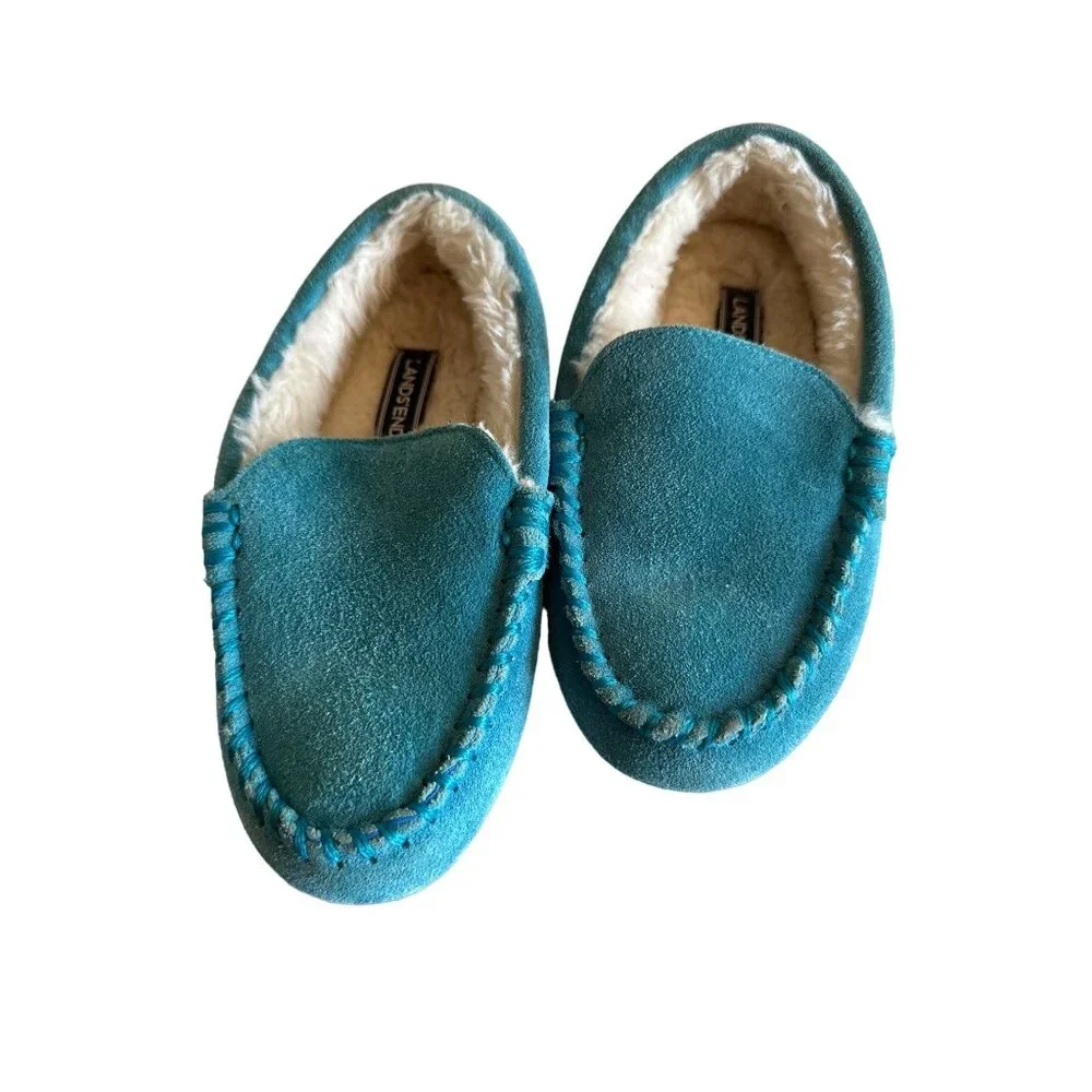 Lands‎ End Kids Youth Blue Teal Suede Fleece Lined Slippers Non Slip Size 13