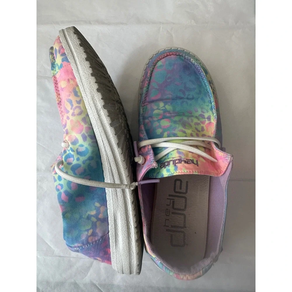 Hey Dude Wendy Youth Flo Leopard Multi Color Tie Dye Slip On Loafers Size 4