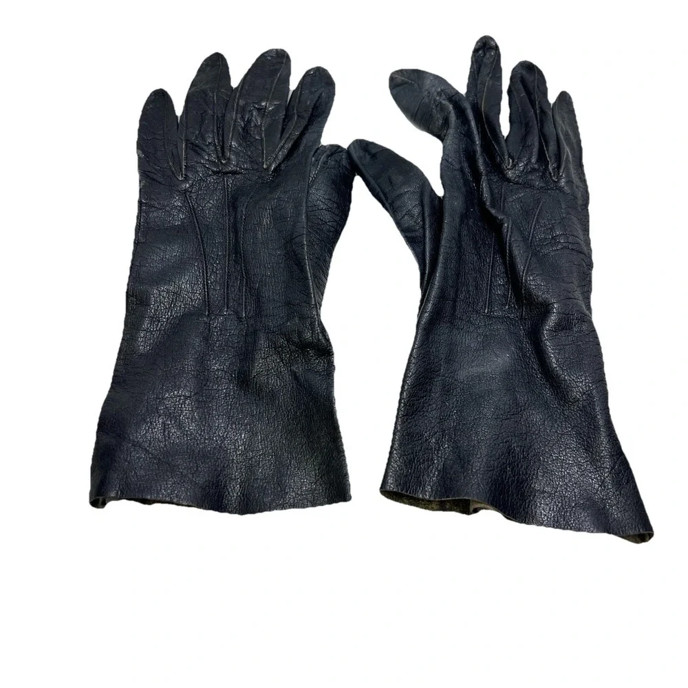 Vintage Black Leather‎ Gauntlet Work Gloves Motorcycle Riding Utility