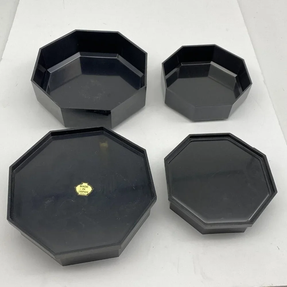 VTG Yamanaka Japan Lacquerware Nesting Boxes‎ Black Floral Trinket 2pc 70s *flaw
