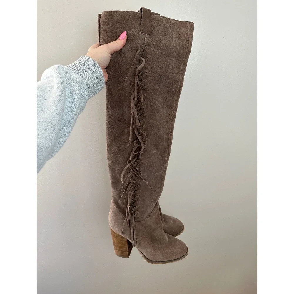 Carlos Santana Garrett Boots Womens 7M Brown EUC Suede Fringe Over The Knee Boho