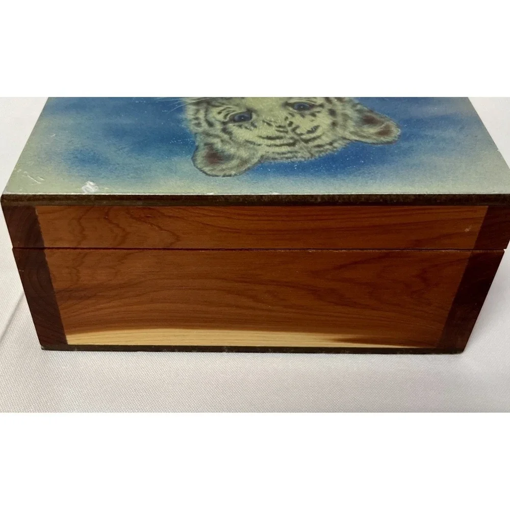 Vintage  Wooden Cedar  White Tiger Cub Hanging On A Branch  Trinket Jewelry Box