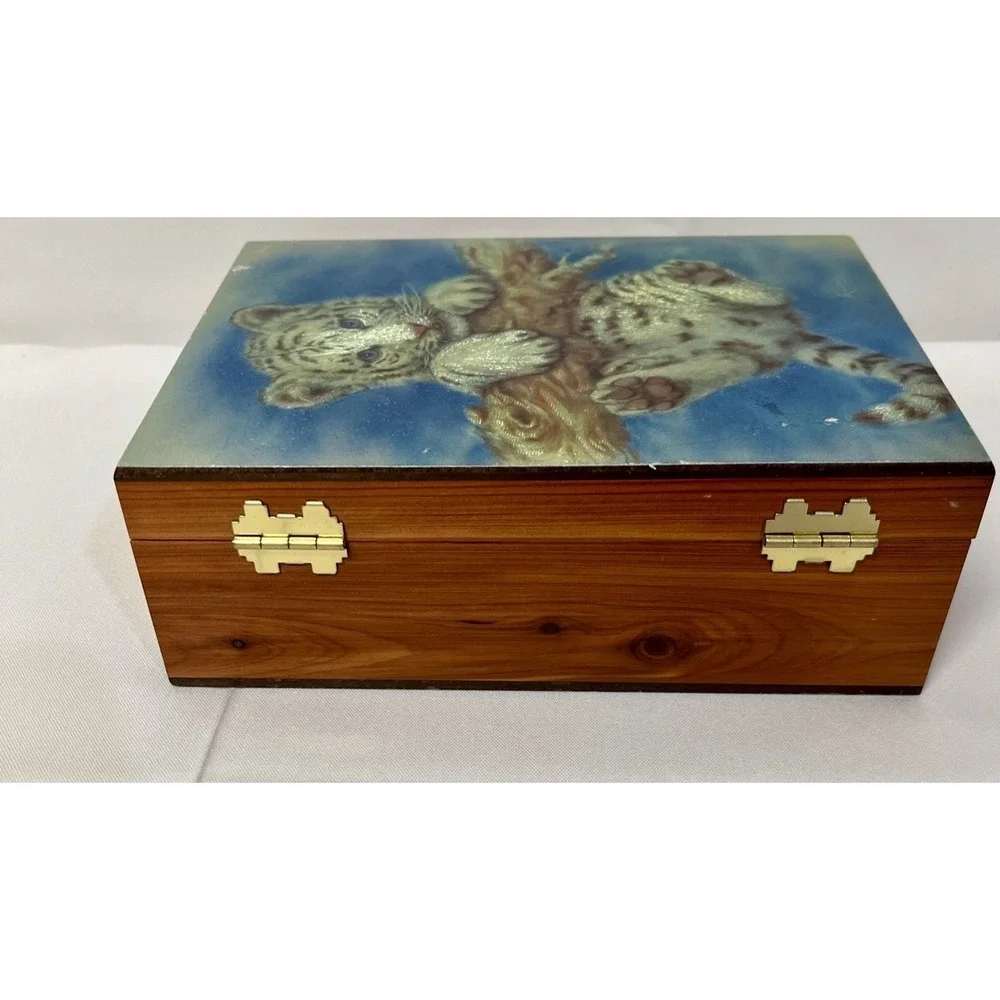 Vintage  Wooden Cedar  White Tiger Cub Hanging On A Branch  Trinket Jewelry Box
