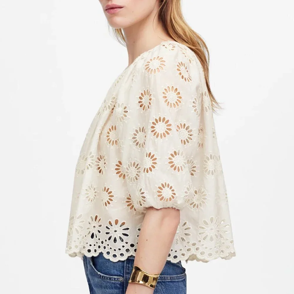 Madewell Embroidered Floral Cutouts Shirred Puff-Sleeve Top Cream Size S NWT