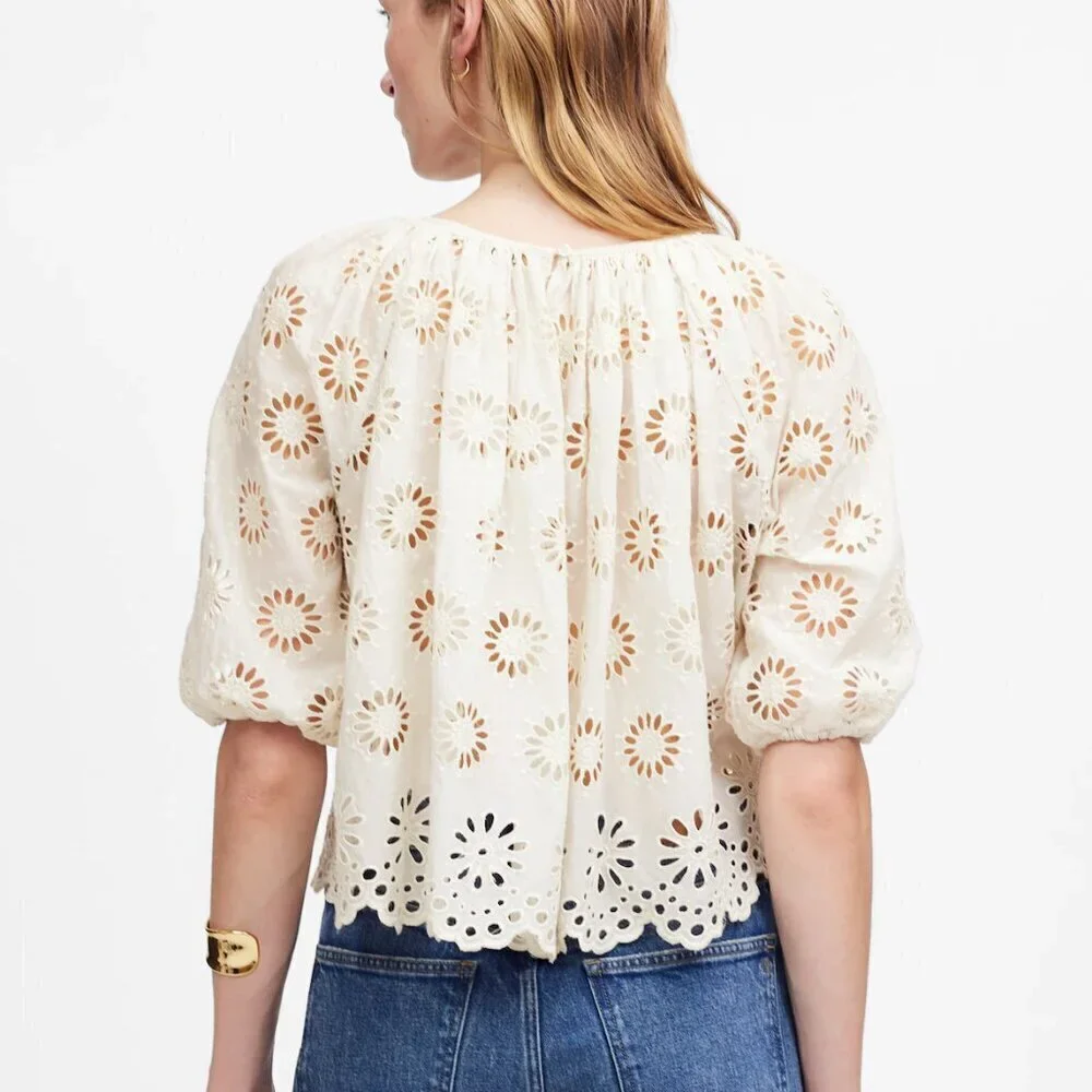 Madewell Embroidered Floral Cutouts Shirred Puff-Sleeve Top Cream Size S NWT
