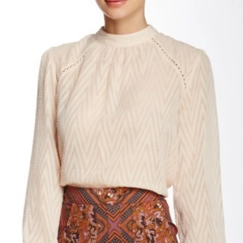 Free People Mock Neck Long Sleeve Button Down Chevron Blouse‎ - M