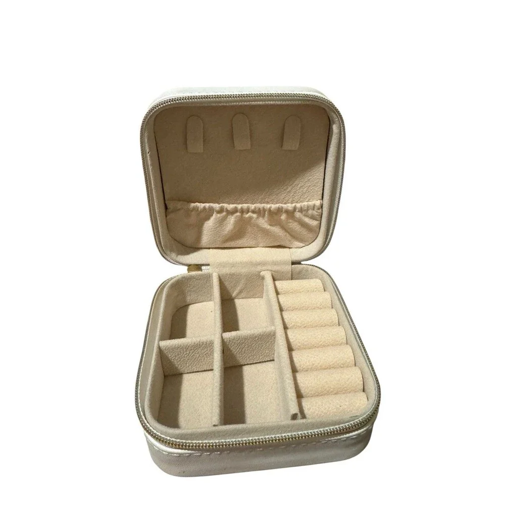 CH White Pink Red Square Faux Leather Jewelry Box with Velvet Lined Compartments