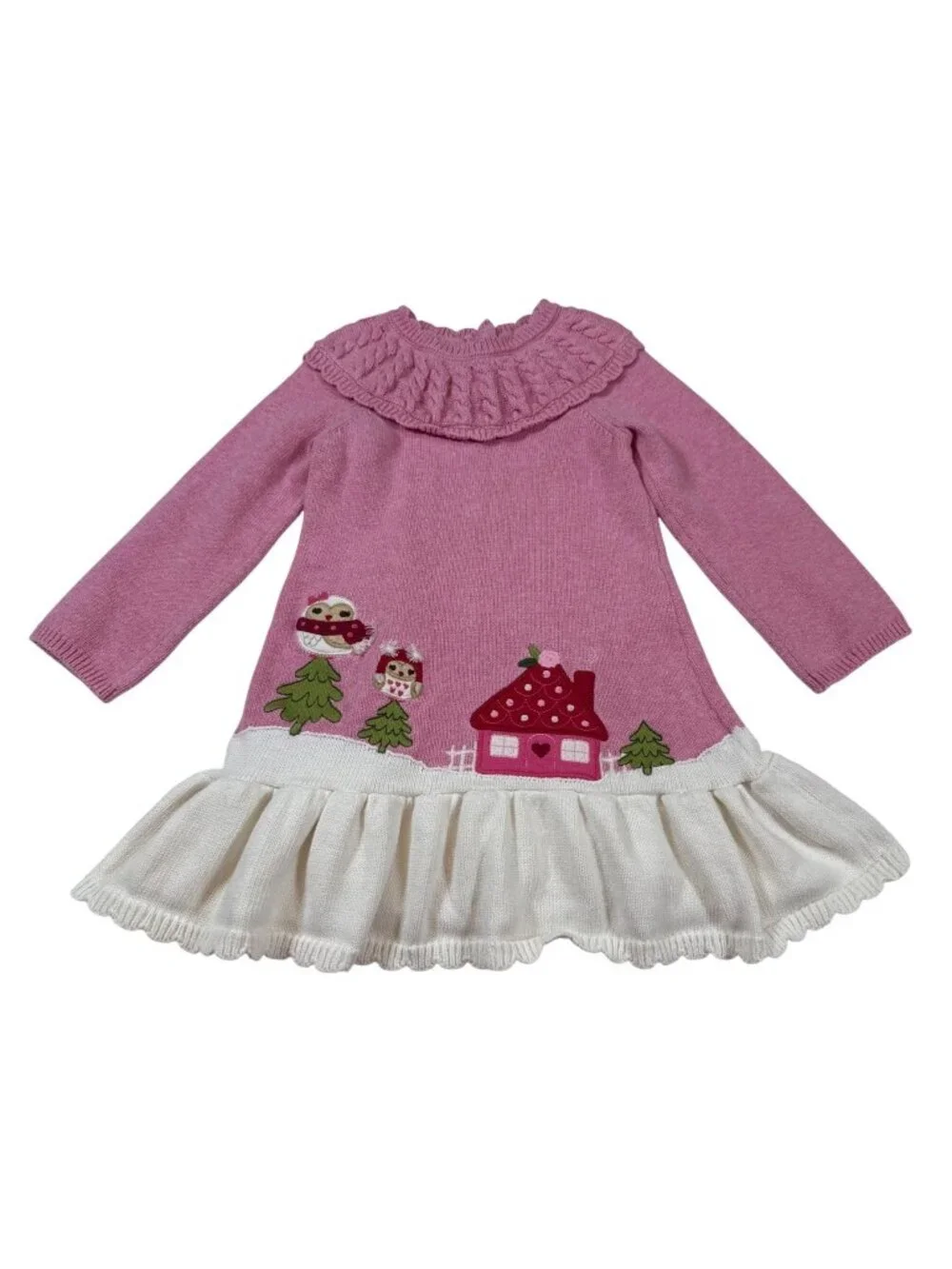 Gymboree Girls 3T Pink Knit Sweater Dress Ruffle Winter bird Design (H712)