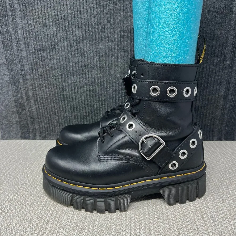 Dr. Martens Audrick Hardware Platform Boots 8-Eye Double Buckle Strap Womens 9