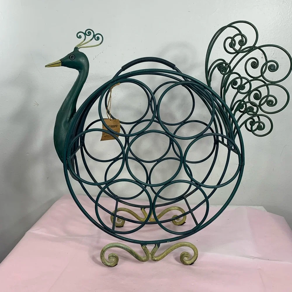 Pier One Peacock Wine Rack 7 Bottles Green Wrought Iron New