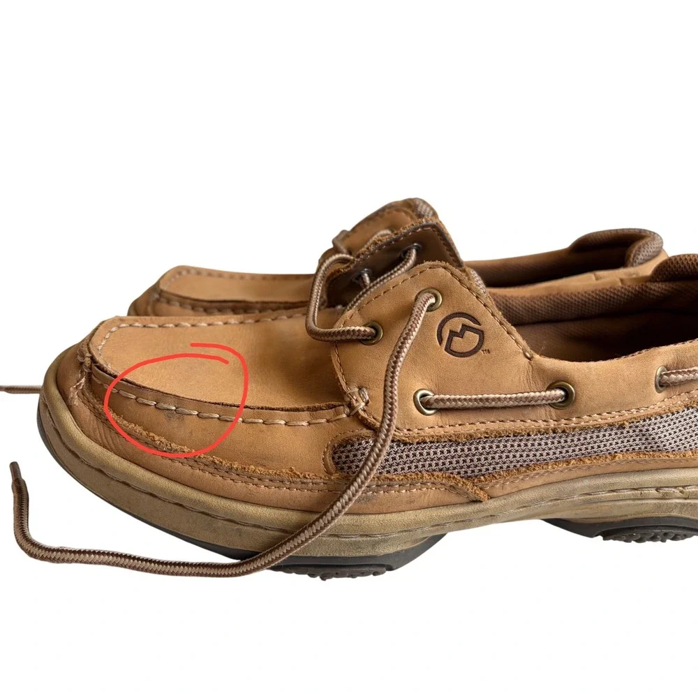 Magellan Outdoors Mens 9.5 Tan Leather Boat Shoes Mesh Loafers FWMFMC2046