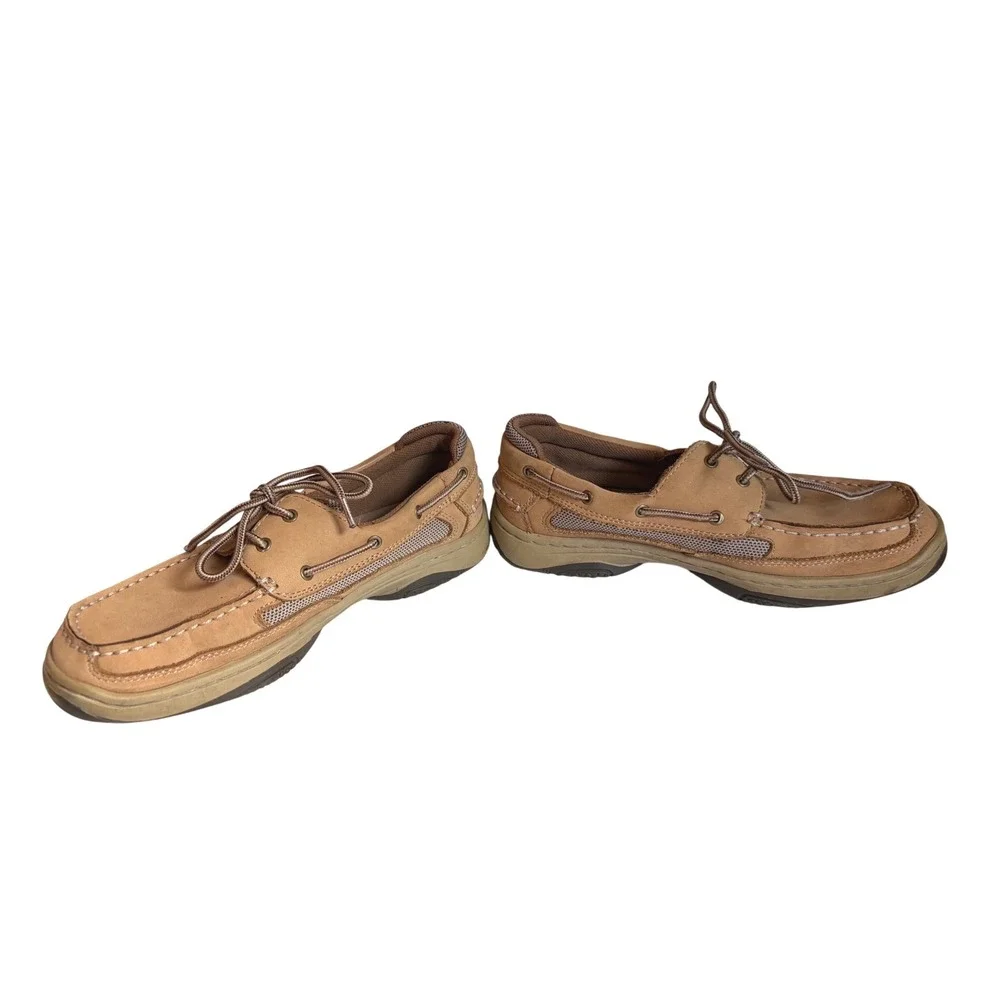 Magellan Outdoors Mens 9.5 Tan Leather Boat Shoes Mesh Loafers FWMFMC2046