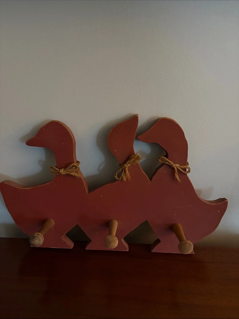 Vintage Handcrafted Rust Red Wooden Duck Wall Hook Rack
