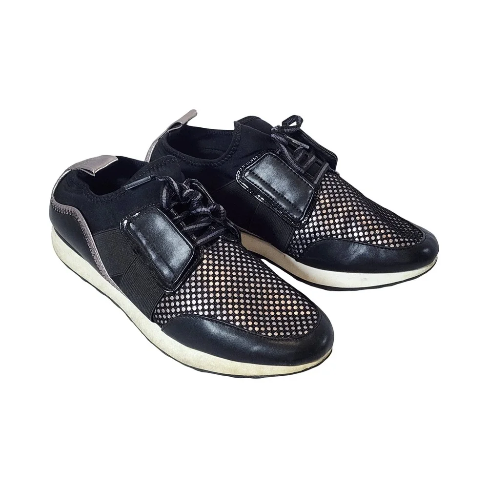 A New Day Womens Black Silver Metallic Perforated Fashion Sneakers Size 8.5
