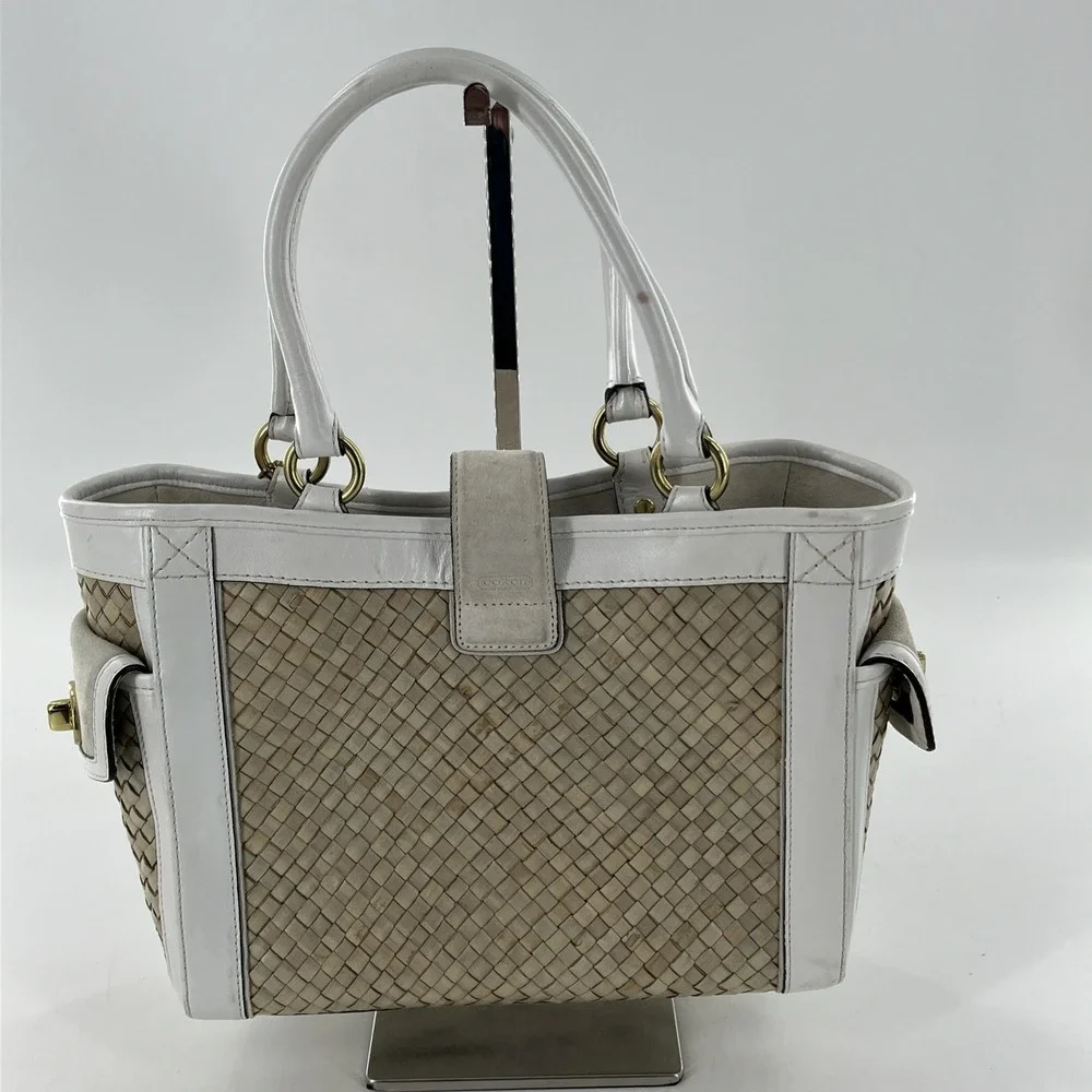 Vintage Coach Legacy Bag Boxy Tote‎ Leather Suede Straw Kiss Lock Pockets Ivory