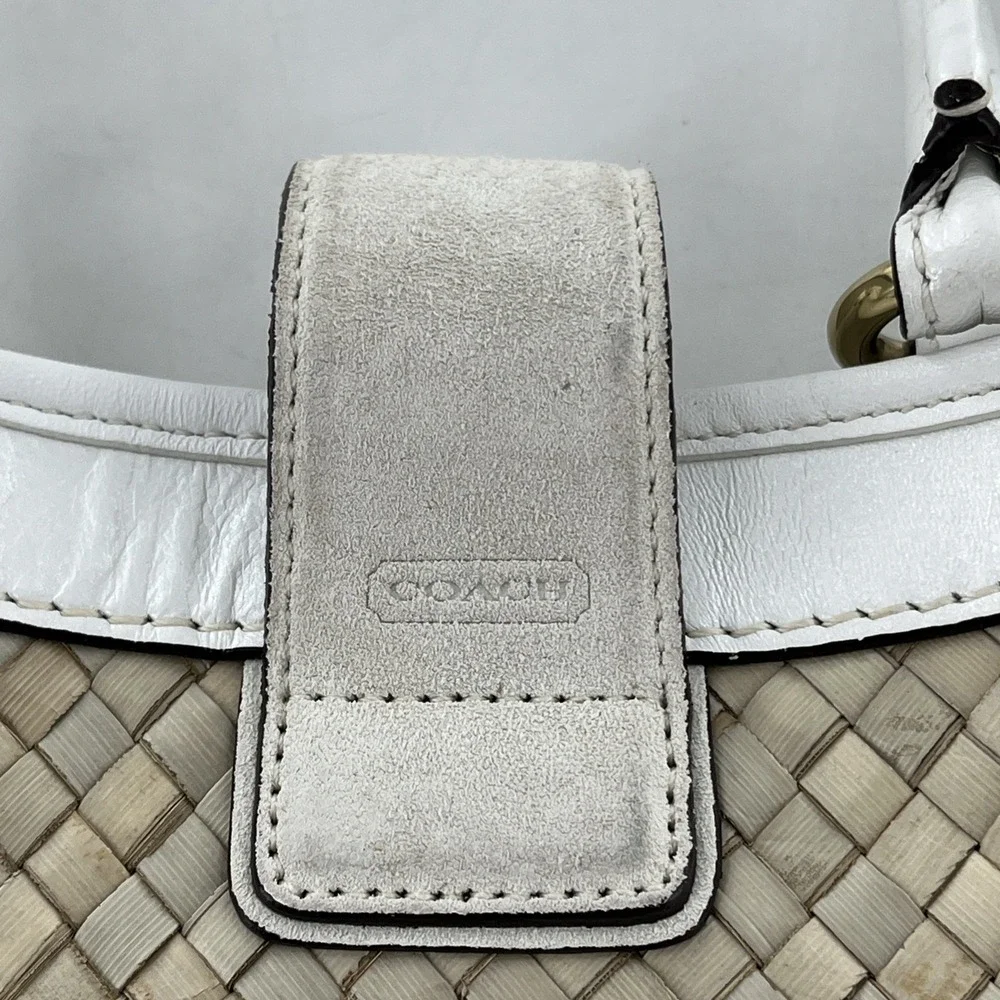 Vintage Coach Legacy Bag Boxy Tote‎ Leather Suede Straw Kiss Lock Pockets Ivory
