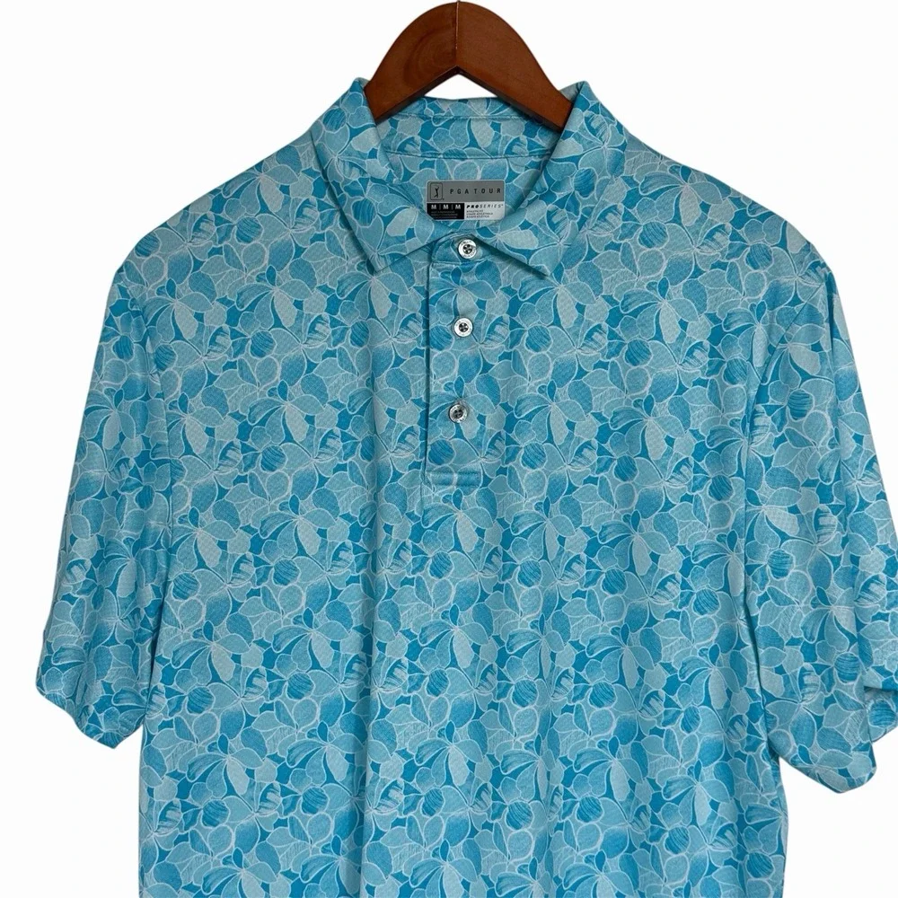 Mens PGA Tour Pro Series Stretch Aqua Flower Print Polo Golf Shirt Size Medium