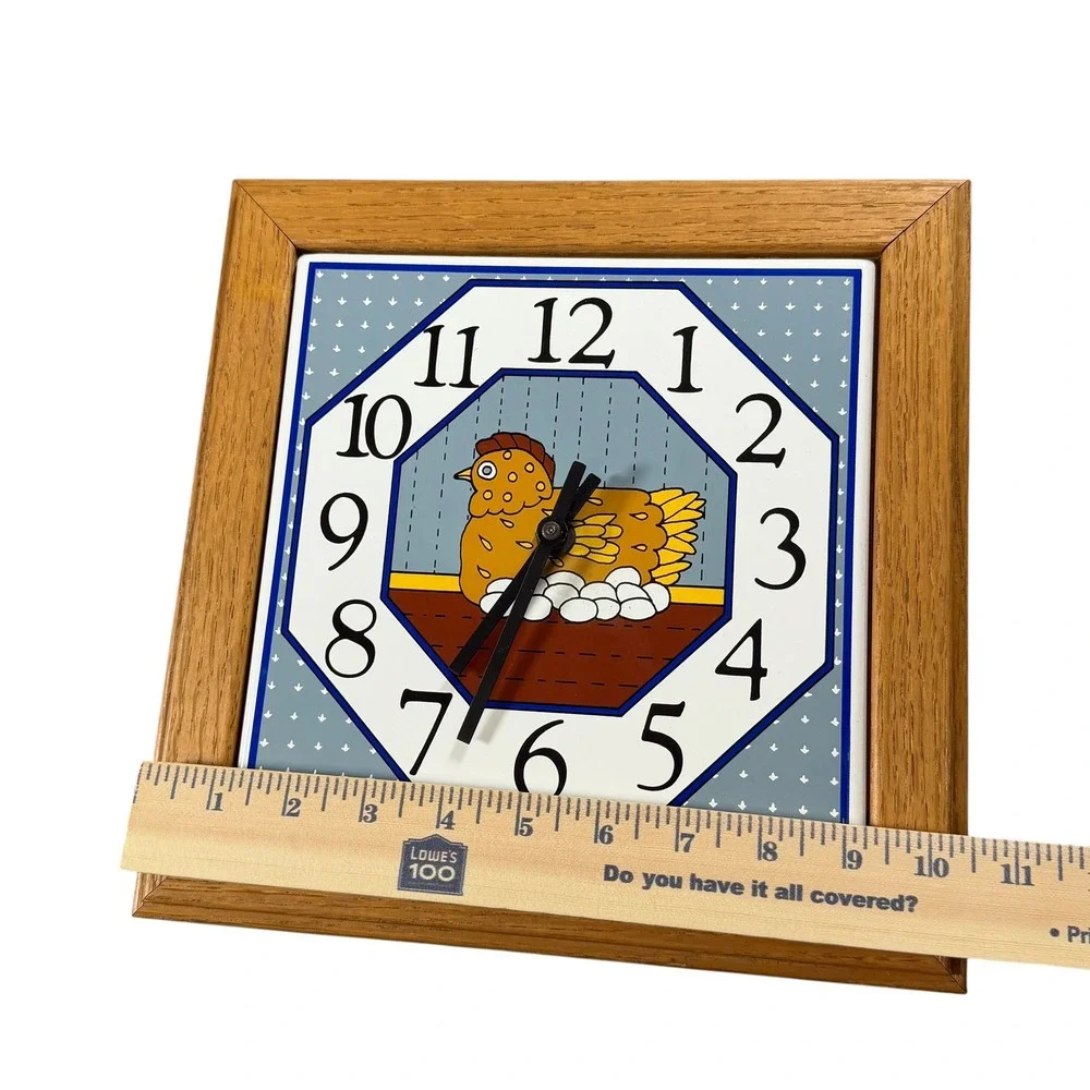 Vintage Elgin Quartz Wall Clock Chicken Hen Ceramic Tile Wood Frame Country