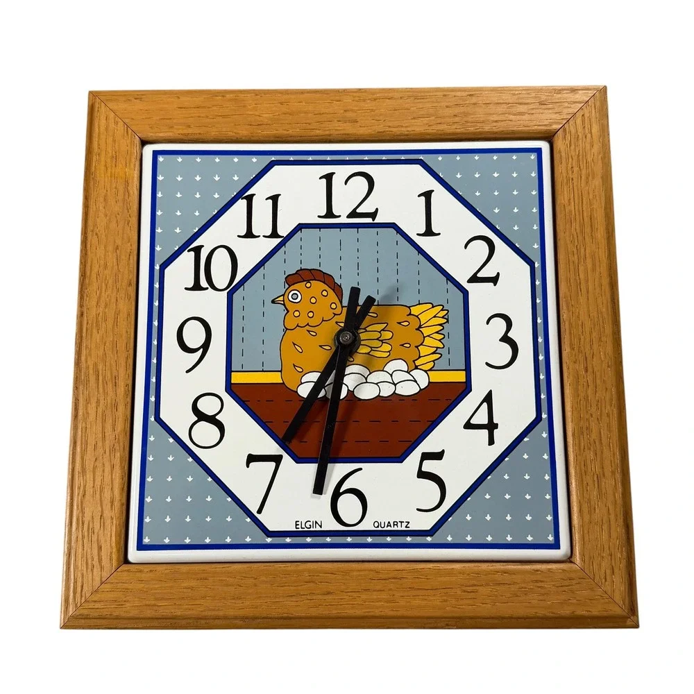 Vintage Elgin Quartz Wall Clock Chicken Hen Ceramic Tile Wood Frame Country