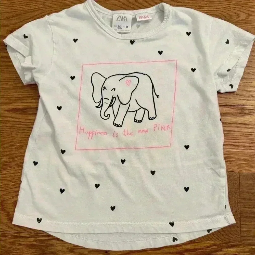 Zara Toddler Elephant T shirt Happiness is the new Pink size 2-3 years
