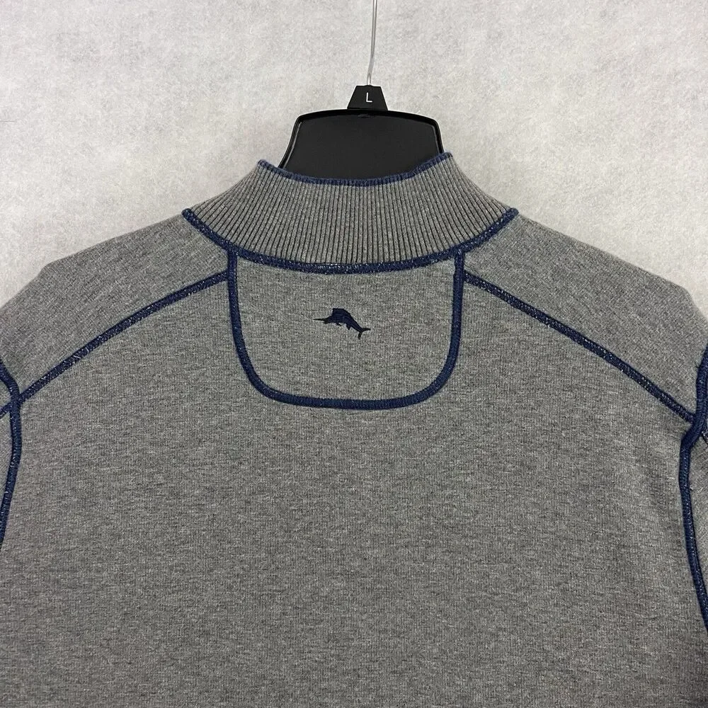 Tommy Bahama 1/4 Zip Sweater Mens Large Gray Blue Reversible Pullover Casual