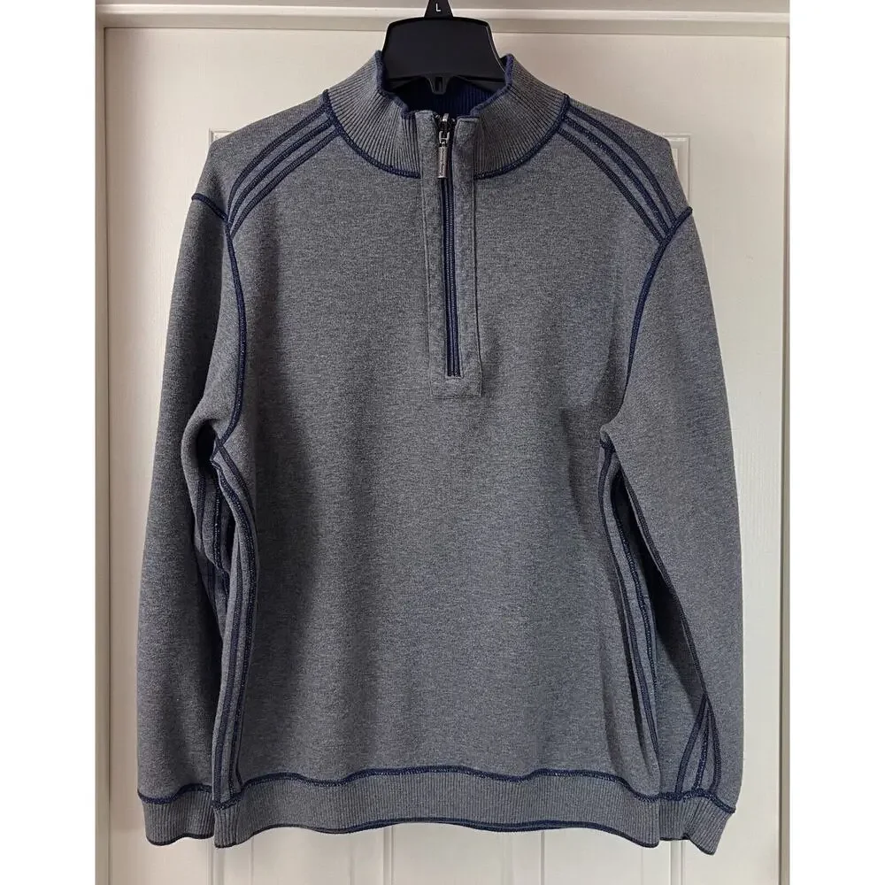 Tommy Bahama 1/4 Zip Sweater Mens Large Gray Blue Reversible Pullover Casual