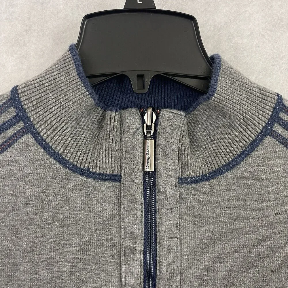 Tommy Bahama 1/4 Zip Sweater Mens Large Gray Blue Reversible Pullover Casual