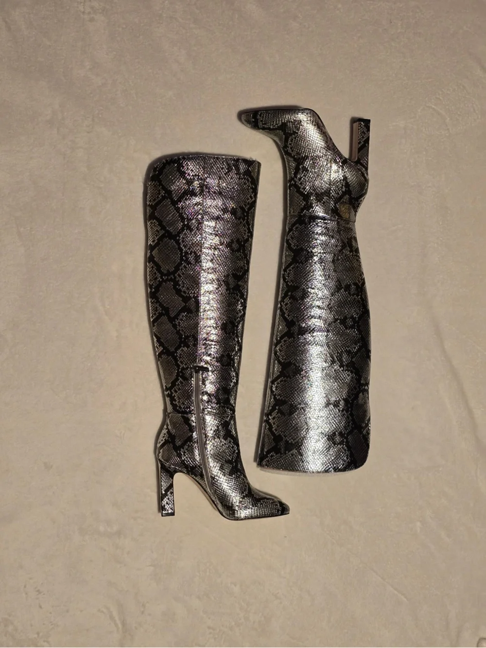 Jessica Simpson Metallic Silver Snakeskin “Mistia” Over Knee -Boots NWOB 7