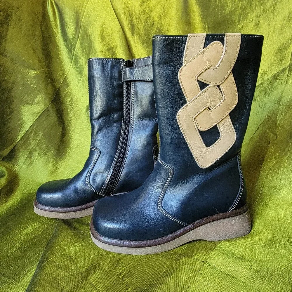 Leather Fall Boots for Girls in Dark Blue and Tan Size