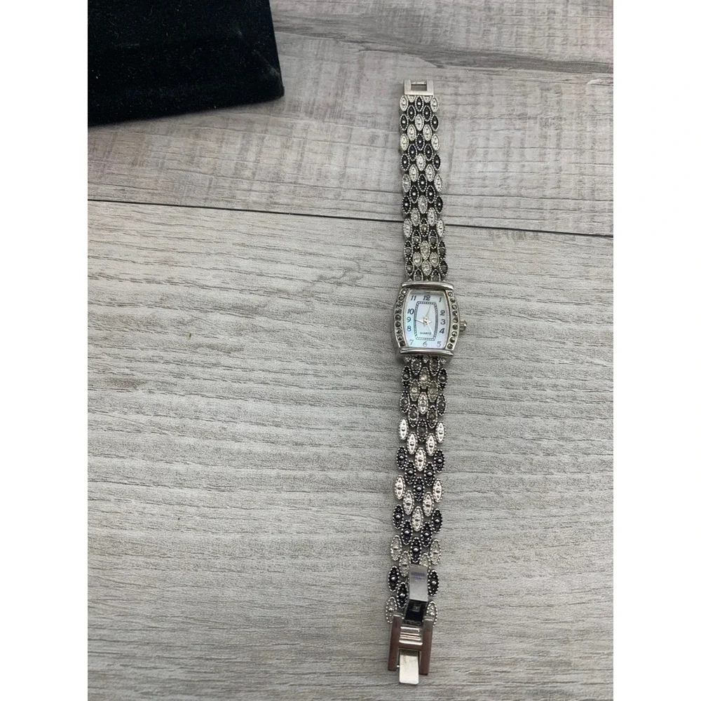 MZ Berger Marcasite Style‎ Watch Silver Tone Tonneau White Dial Quartz WS01 138