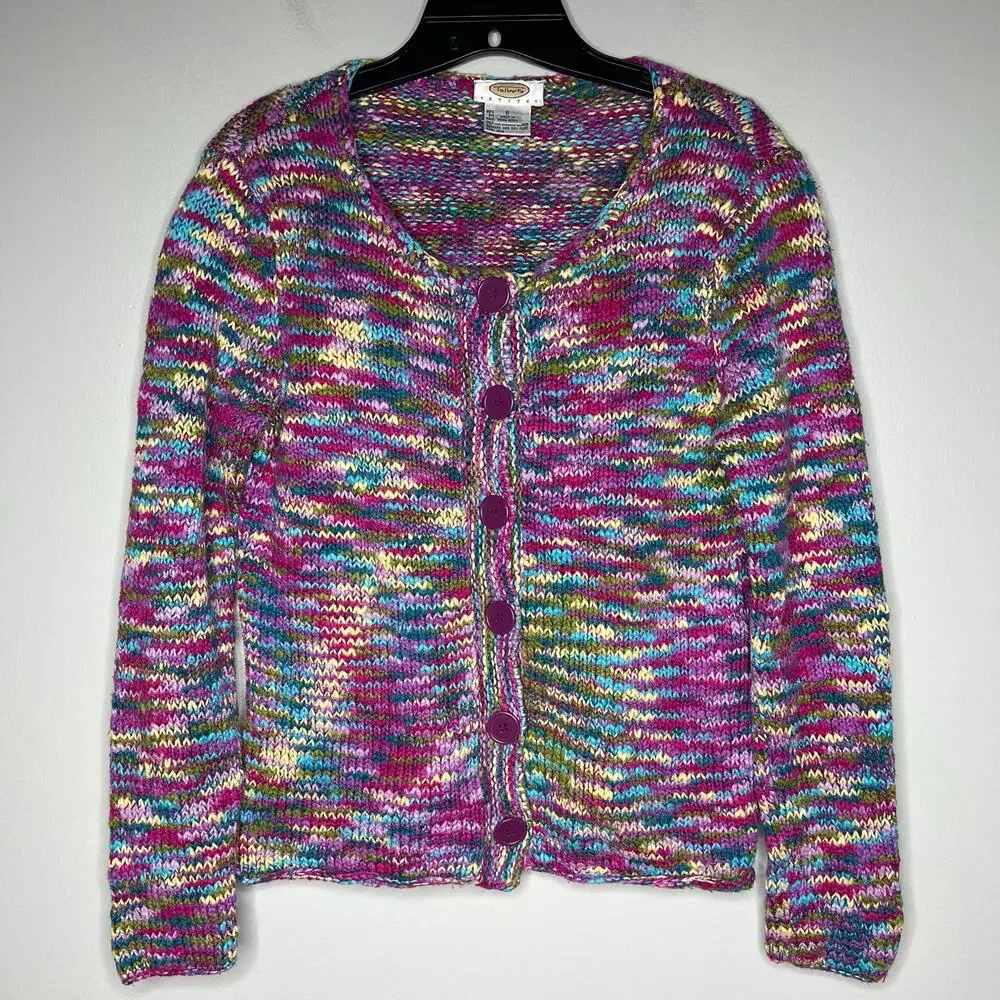 VTG Talbots Petite S‎ Rainbow Cardigan Sweater Artsy Marled Knit Y2K Granny Boho