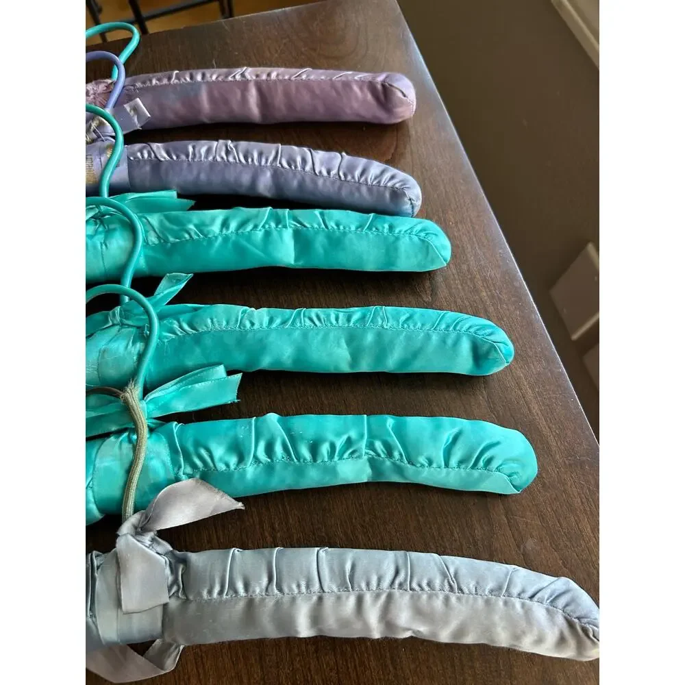 6 Vintage satin padded clothes hangers ribbon bows purple, turquoise, silver