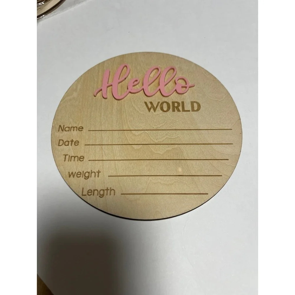 Hello World Pink wood Baby Announcement 6in keepsake Hospital‎ Newborn scrapbook