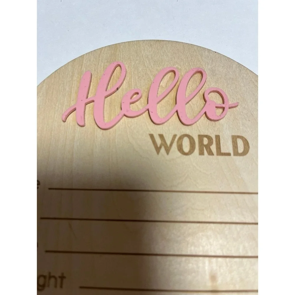 Hello World Pink wood Baby Announcement 6in keepsake Hospital‎ Newborn scrapbook