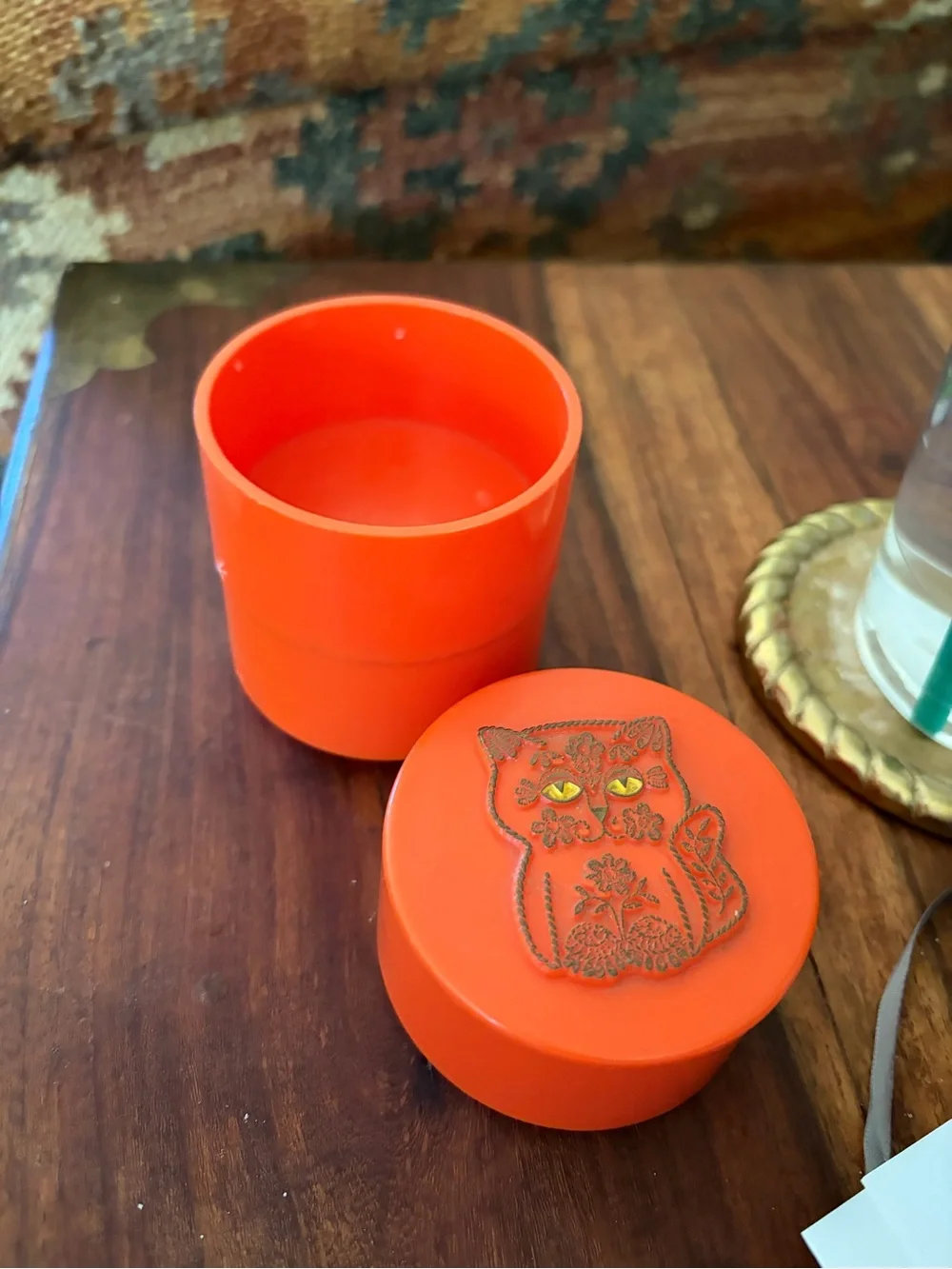 Antique Orange Stacking Container with Cat Motif 1960s