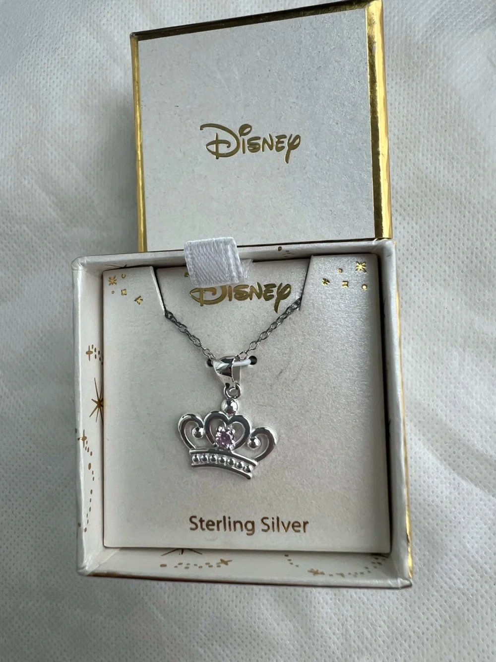 Disney Sterling Silver Crown Necklace with Pink Stone