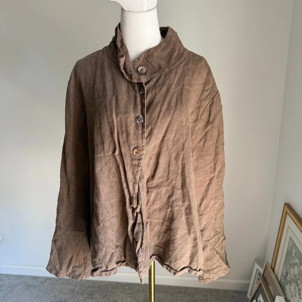 Bryn Walker Linen Button Down‎ Jacket Unique Collar Oversized Brown Top