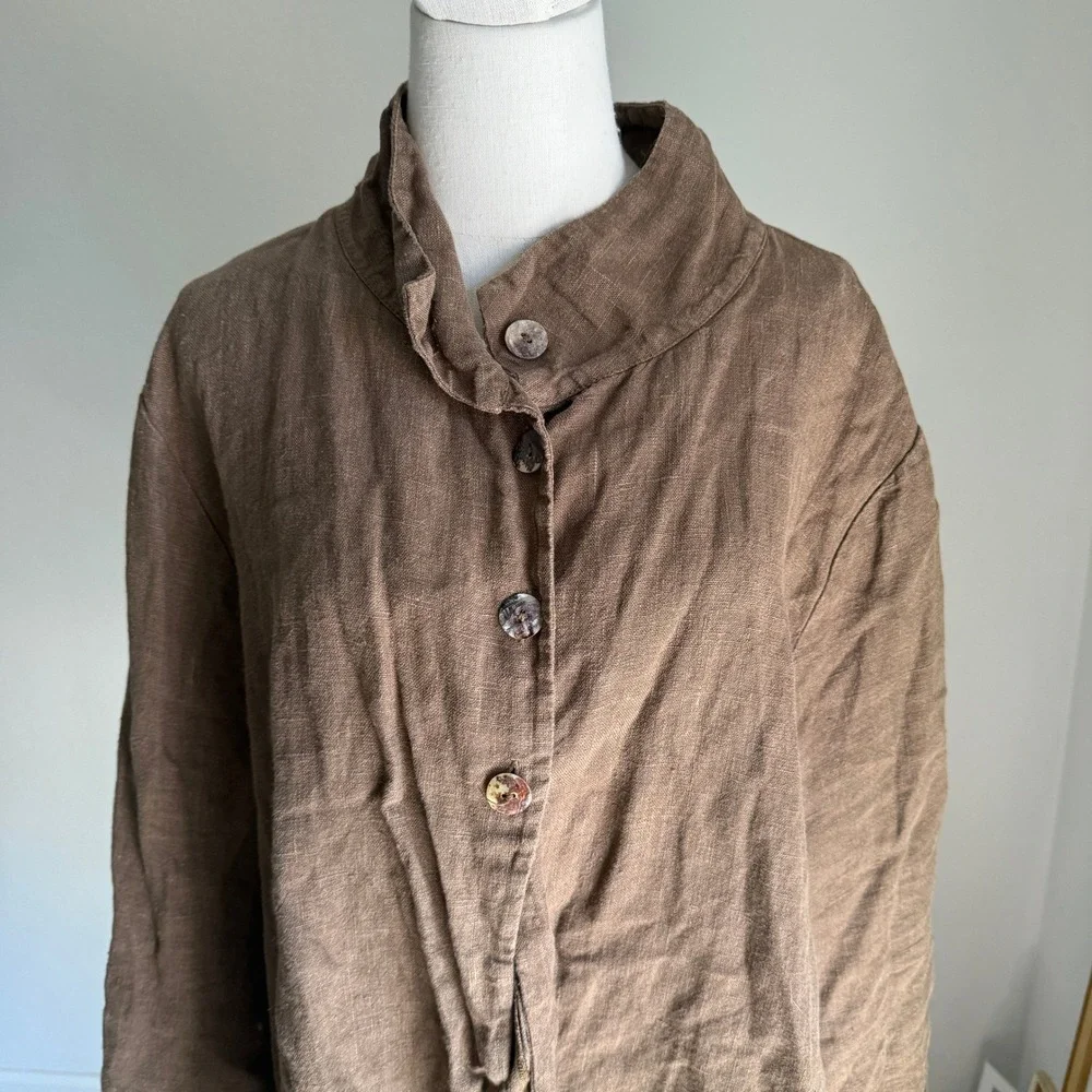 Bryn Walker Linen Button Down‎ Jacket Unique Collar Oversized Brown Top