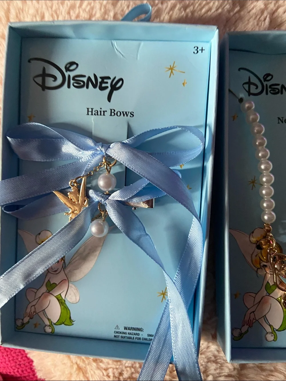 Disney Blue Ribbon Hair Bows with Pearl Drops and Gold Charms