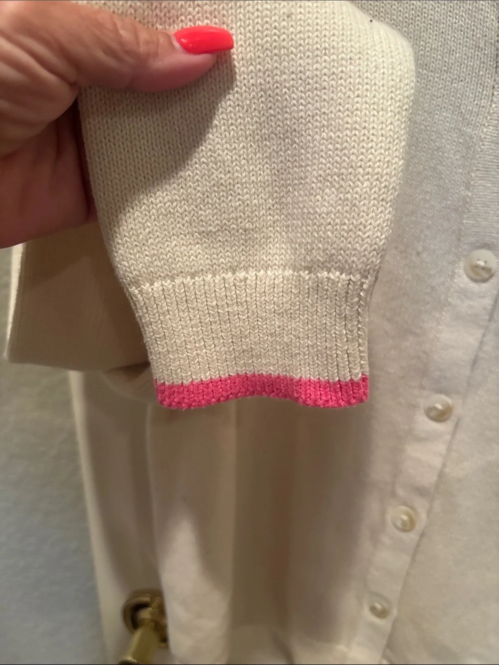 Boden NWT Ivory Crochet Frill Detail Cardigan Pink Ruffle Trim Sweater size M