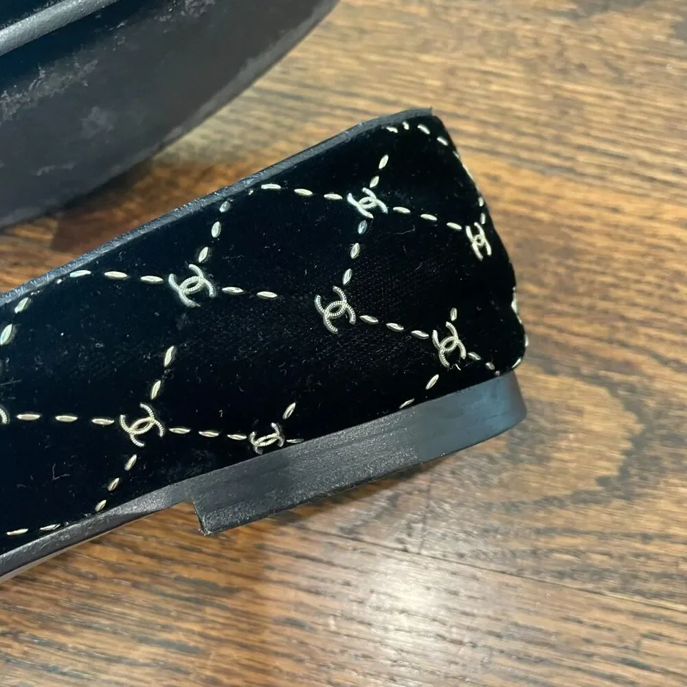 CHANEL Black Velvet Diamond Loafers Logo Smoking Slippers