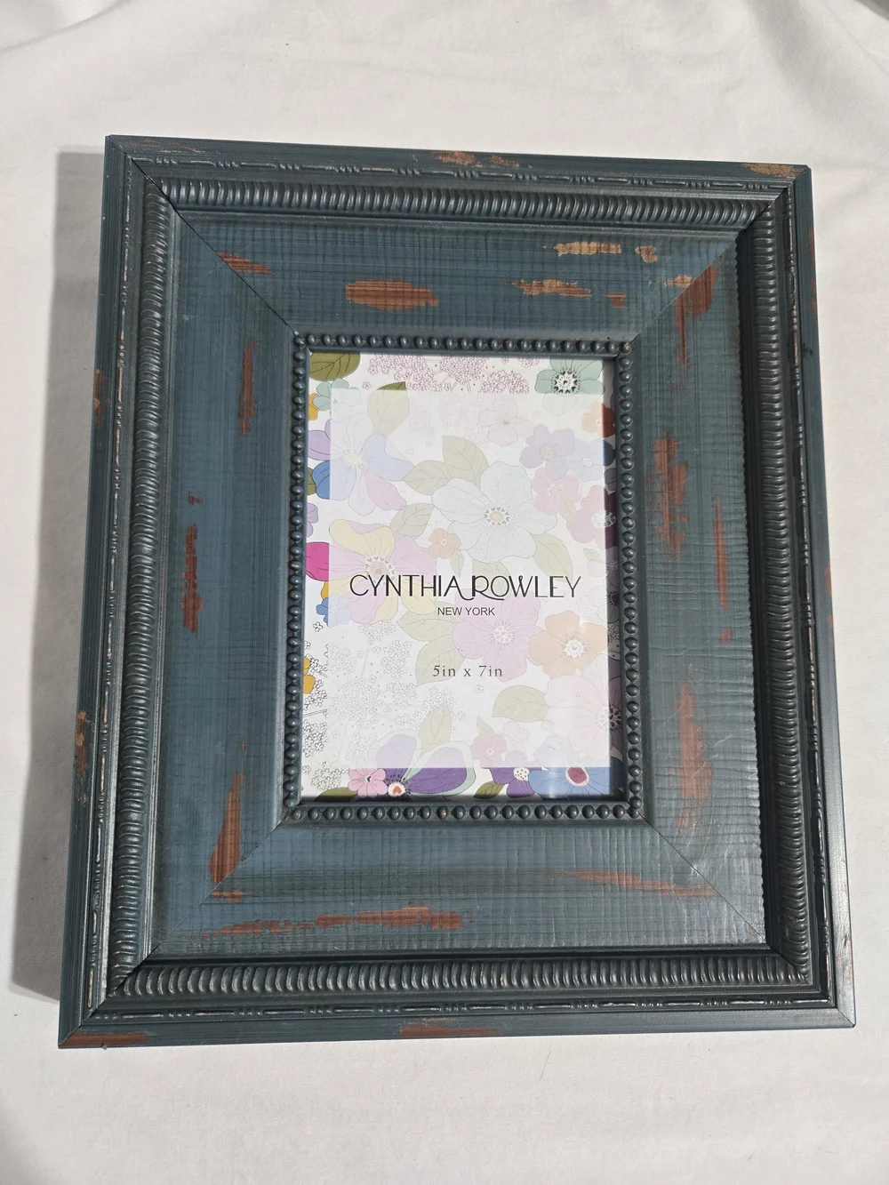 Cynthia Rowley Distressed Teal Blue Carved 5x7 Picture Frame Rustic Wood Look