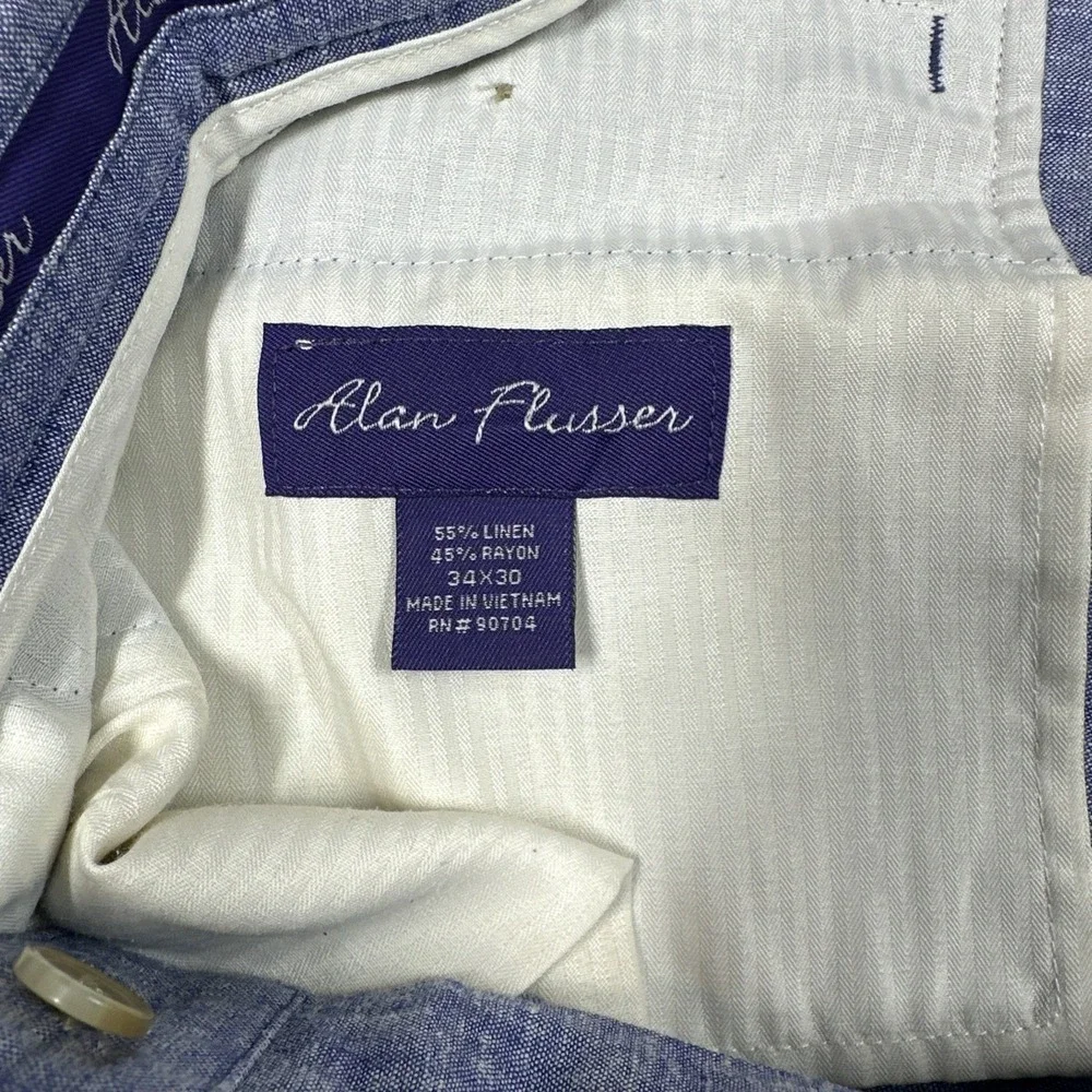 Alan Flusser Pleated Linen Rayon Blend Pants Men's 34x30 Blue Trousers Cuffed
